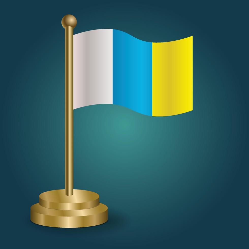 bandeira nacional da ilha canari no poste dourado em fundo escuro de gradação isolado. bandeira de mesa, ilustração vetorial vetor