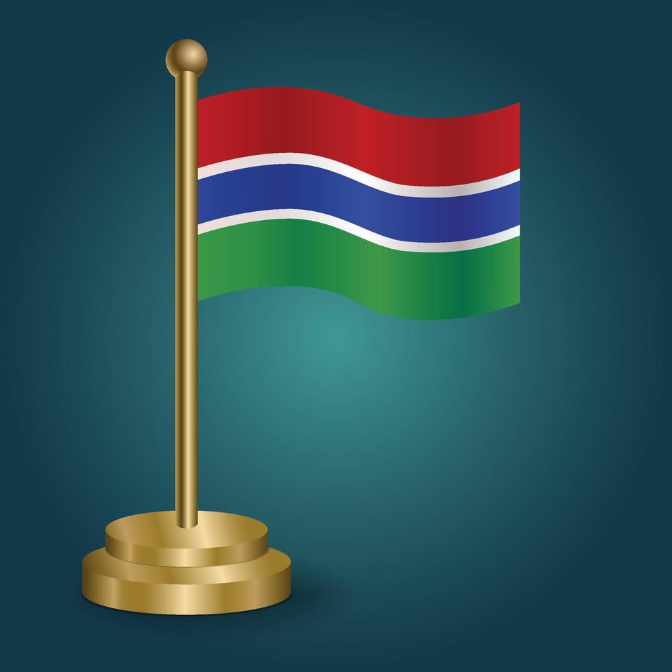 bandeira nacional da gâmbia no poste dourado em fundo escuro de gradação isolado. bandeira de mesa, ilustração vetorial vetor