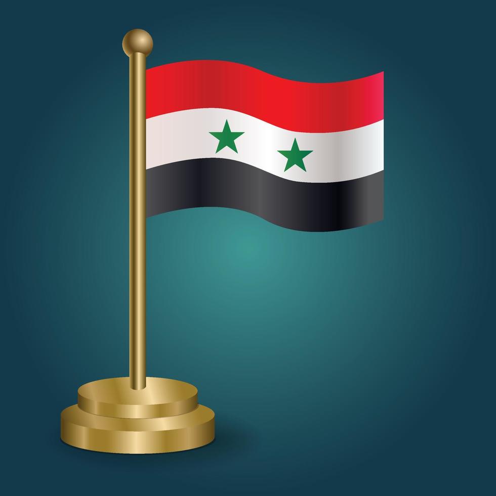 bandeira nacional da síria no poste dourado em fundo escuro de gradação isolado. bandeira de mesa, ilustração vetorial vetor