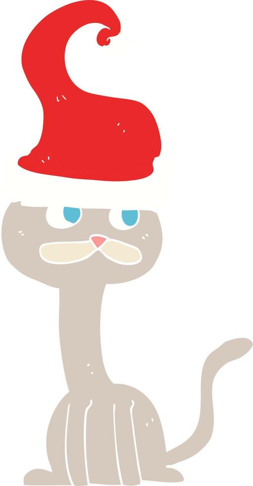 ilustração de cor plana de um gato de desenho animado usando chapéu de natal vetor