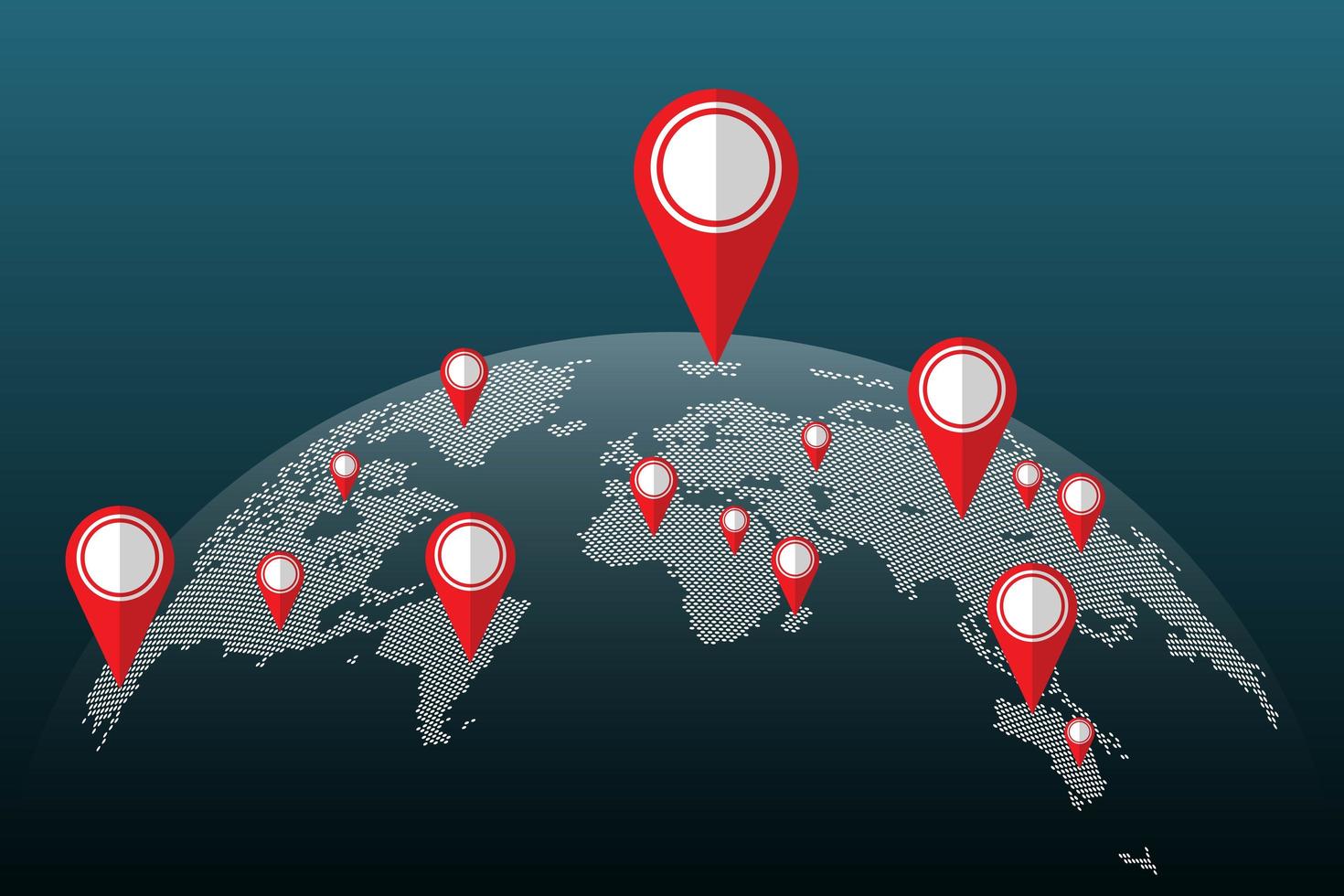 mapa do mundo de pixels com pinos de localização vetor