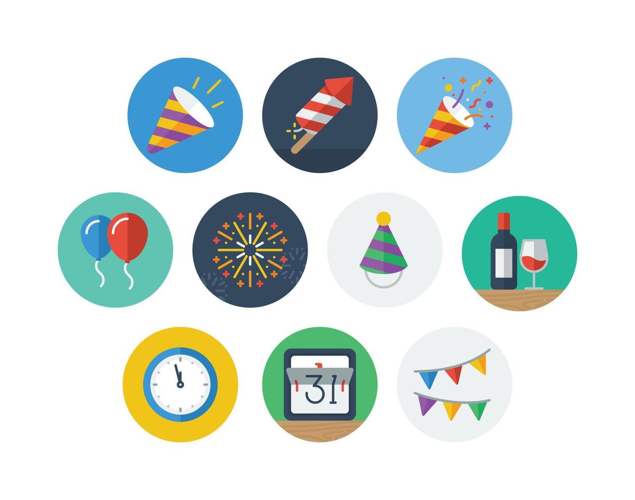 ícone de distintivo de círculo plano de ano novo definido com ícones relacionados a festas vetor