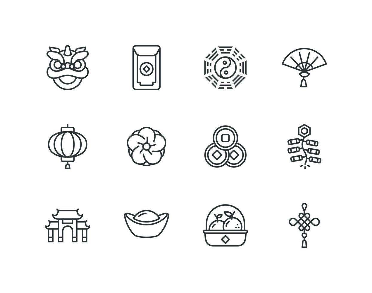 conjunto de ícones de linha do ano novo lunar chinês com ícones relacionados à china vetor