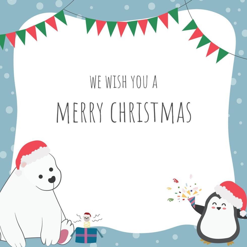 lindo urso polar de natal e moldura quadrada de pinguim com espaço de cópia vetor