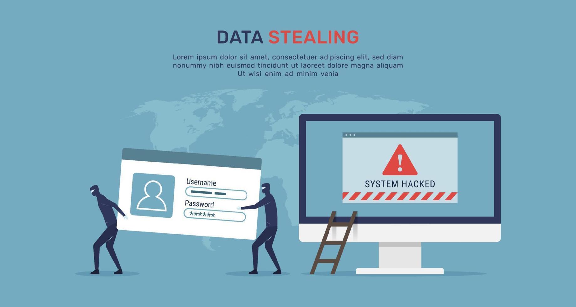 conceito de segurança de ataque cibernético, roubo de dados no computador com alerta de mensagem de aviso, atividade de phishing no acesso à internet vetor