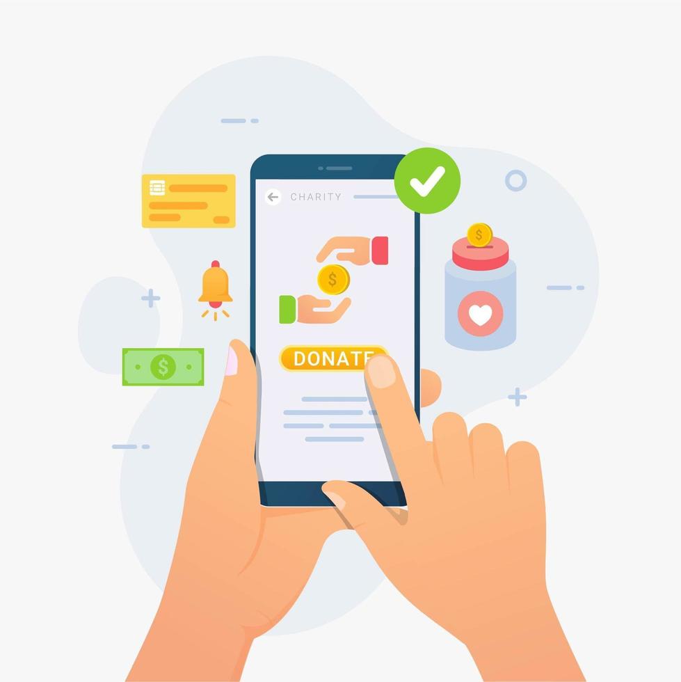mão segurando o telefone amart com app de doação vetor