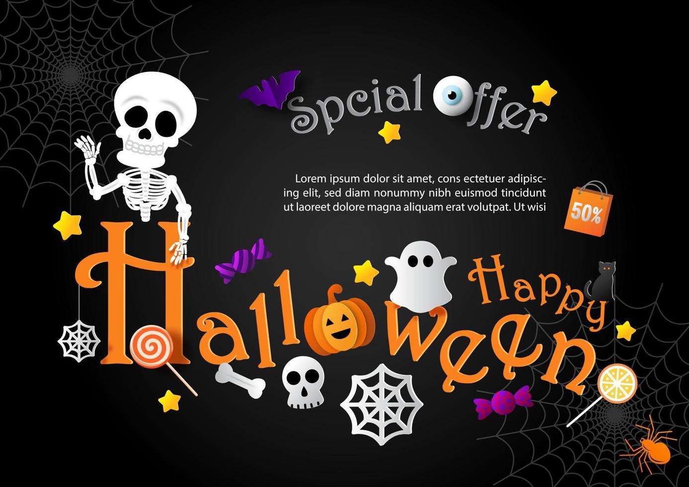 sinal bonito e símbolos de halloween com texto de venda e textos de exemplo em fundo preto. banner de venda de halloween em estilo de corte de papel e design vetorial. vetor