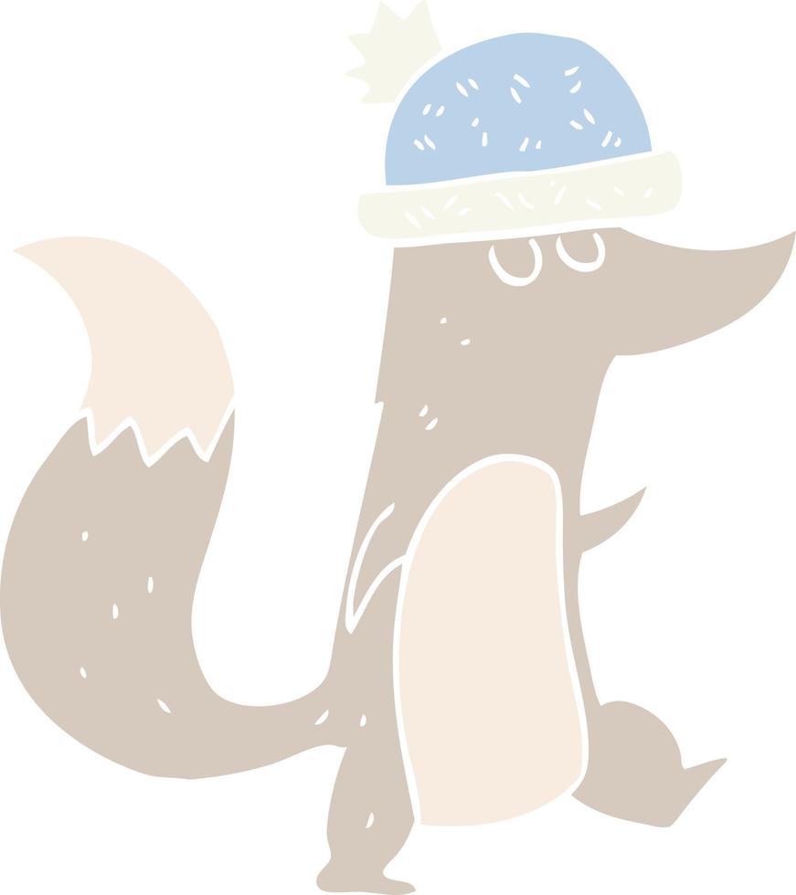 ilustração de cor plana de um pequeno lobo de desenho animado usando chapéu vetor