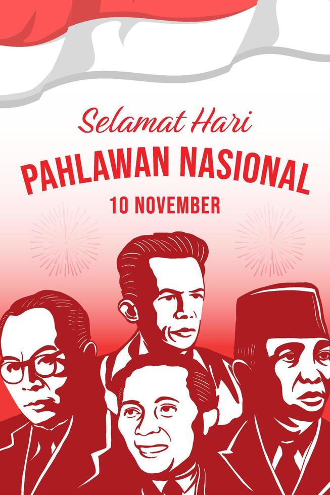 ilustração de banner vertical nasional selamat hari pahlawan com quatro pais fundadores indonésia vetor