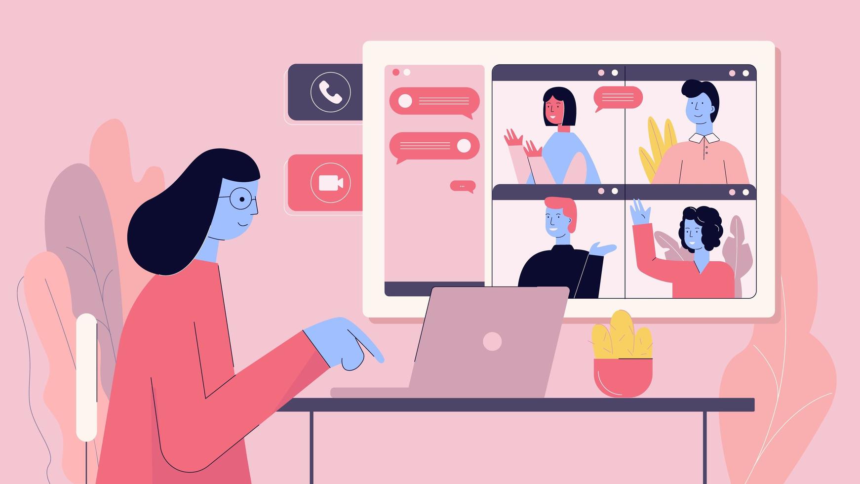 mulher se conectar com amigos ou colegas de trabalho em vídeo-conferência vetor