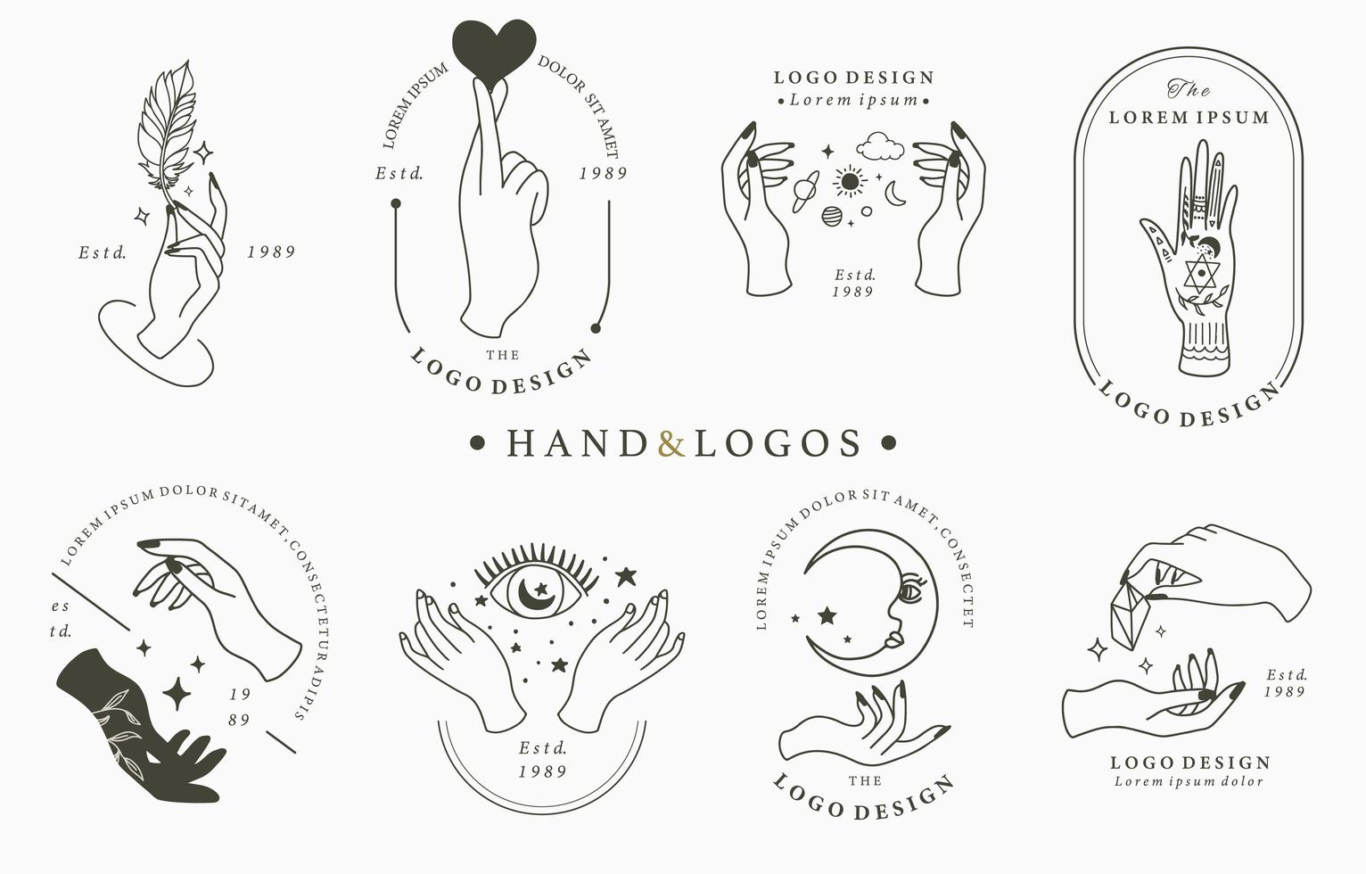 coleção de logotipo com mãos e elementos místicos vetor