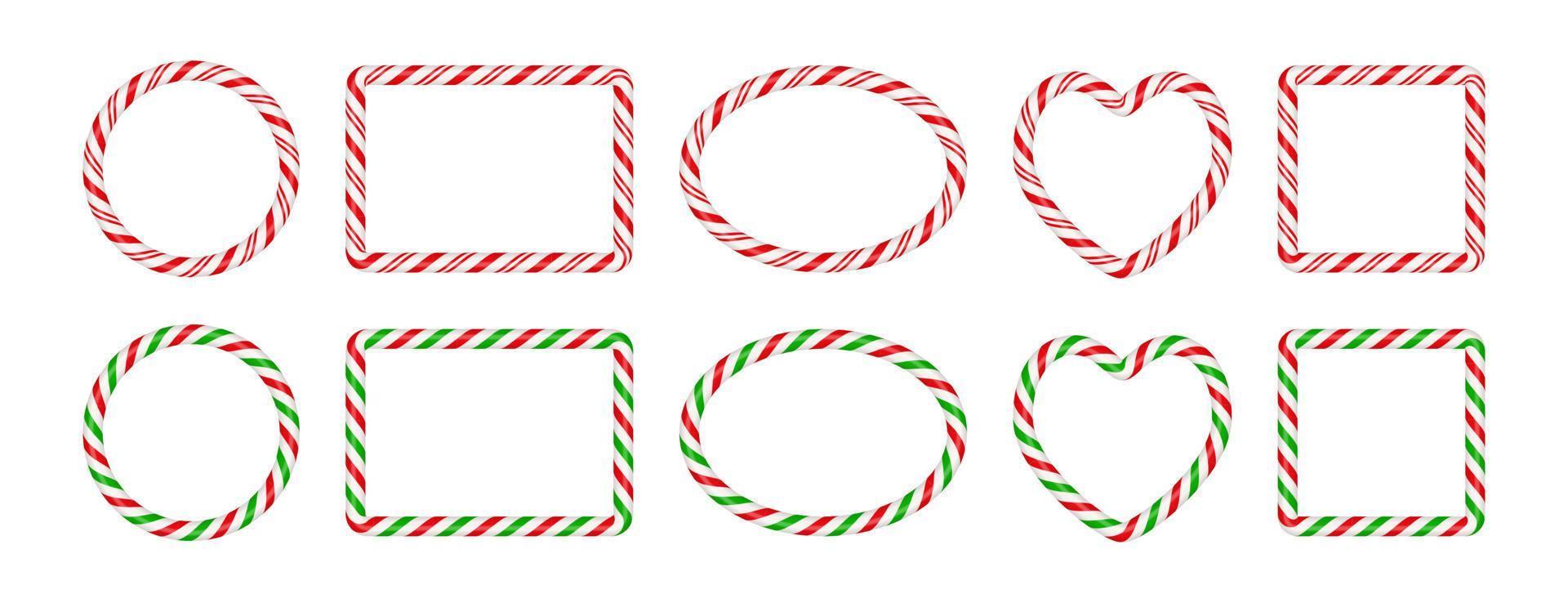 quadros de bastão de doces de natal com listras vermelhas e verdes. círculo de natal, borda oval, quadrada com padrão de pirulito de doces listrado. ilustração em vetor modelo de natal em branco isolada no fundo branco
