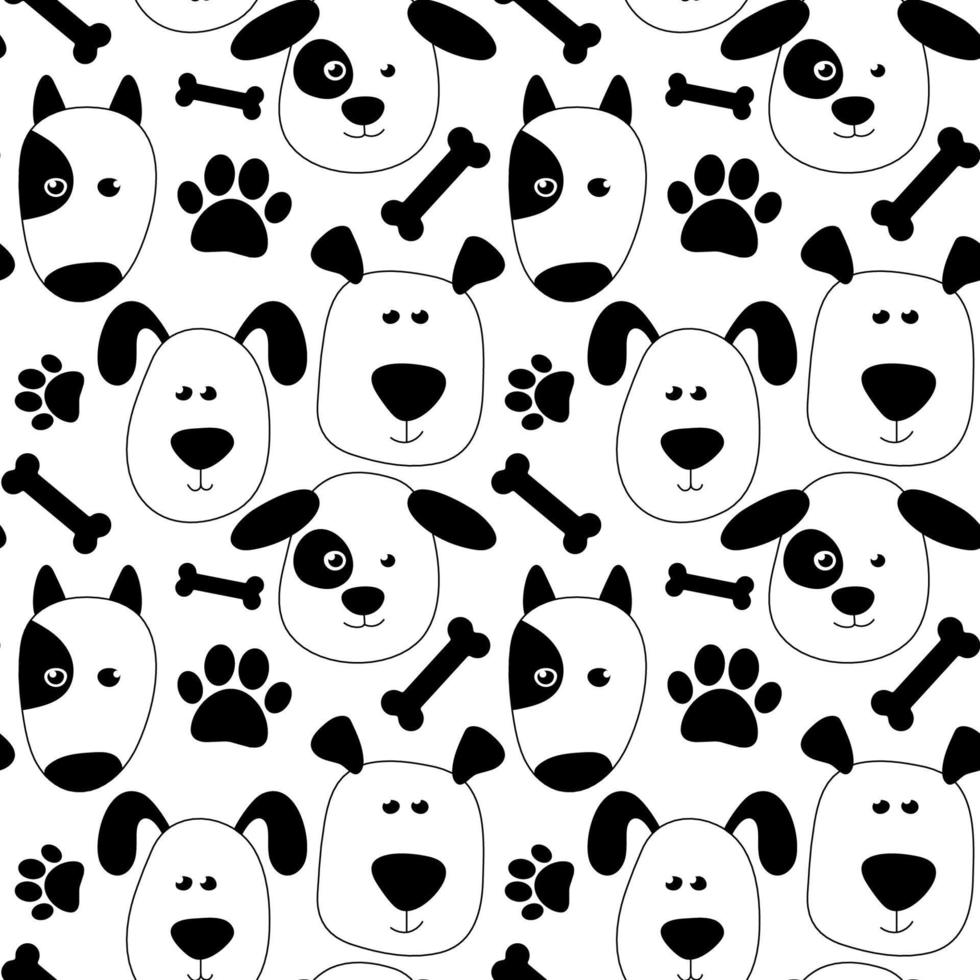 bonito padrão perfeito com filhotes, ossos e patas no estilo doodle. fundo de cães vetor preto e branco para tecido, cartazes, crianças