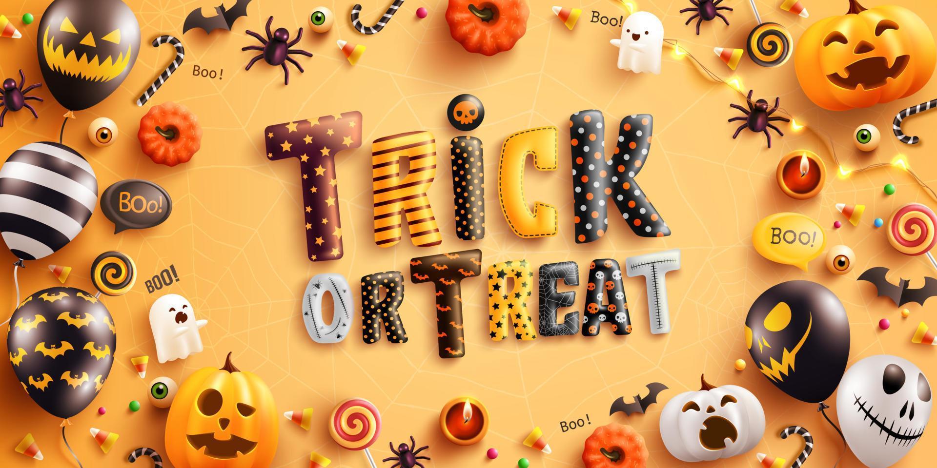 cartaz de doces ou travessuras de halloween com balões fantasma de halloween e balões de ar pumpkin.scary, doces e elementos de halloween em background.website amarelo assustador, plano de fundo ou banner modelo de halloween. vetor