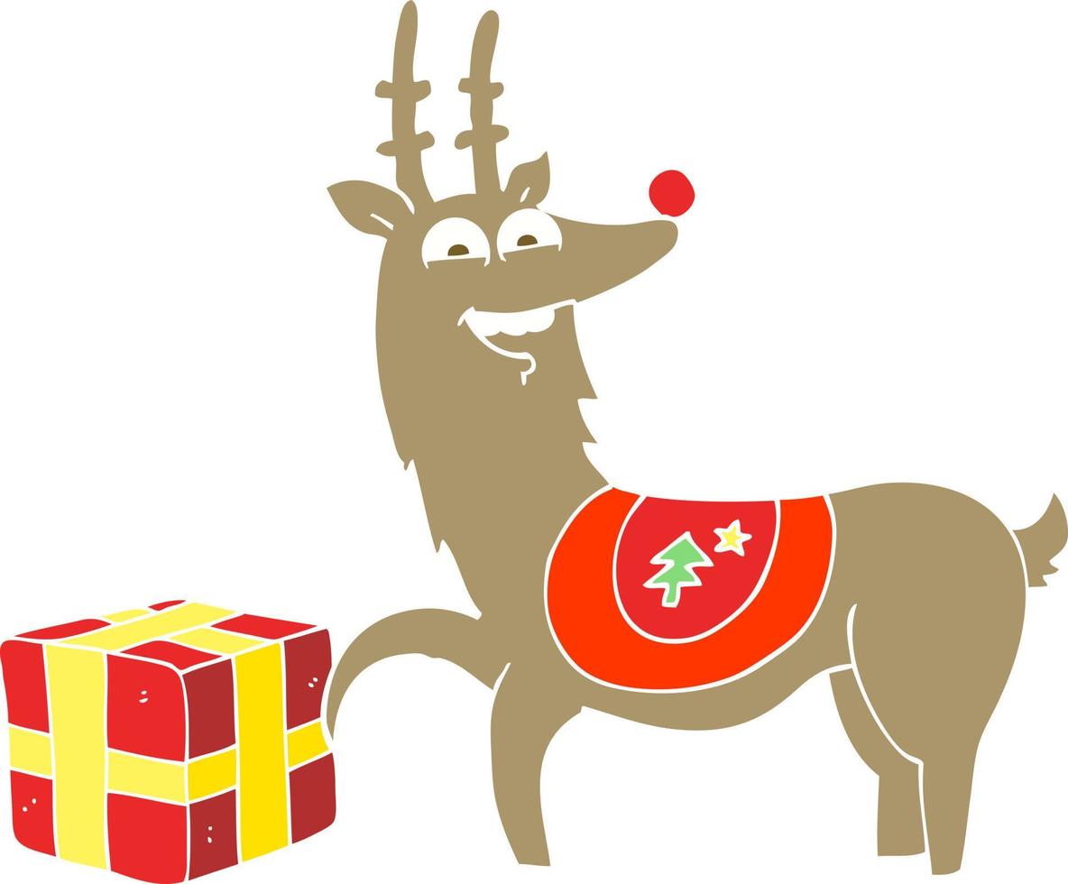ilustração de cor lisa de uma rena de natal de desenho animado com presente vetor