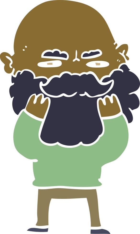 homem de desenho animado estilo cor plana com barba franzindo a testa verificando sua barba vetor