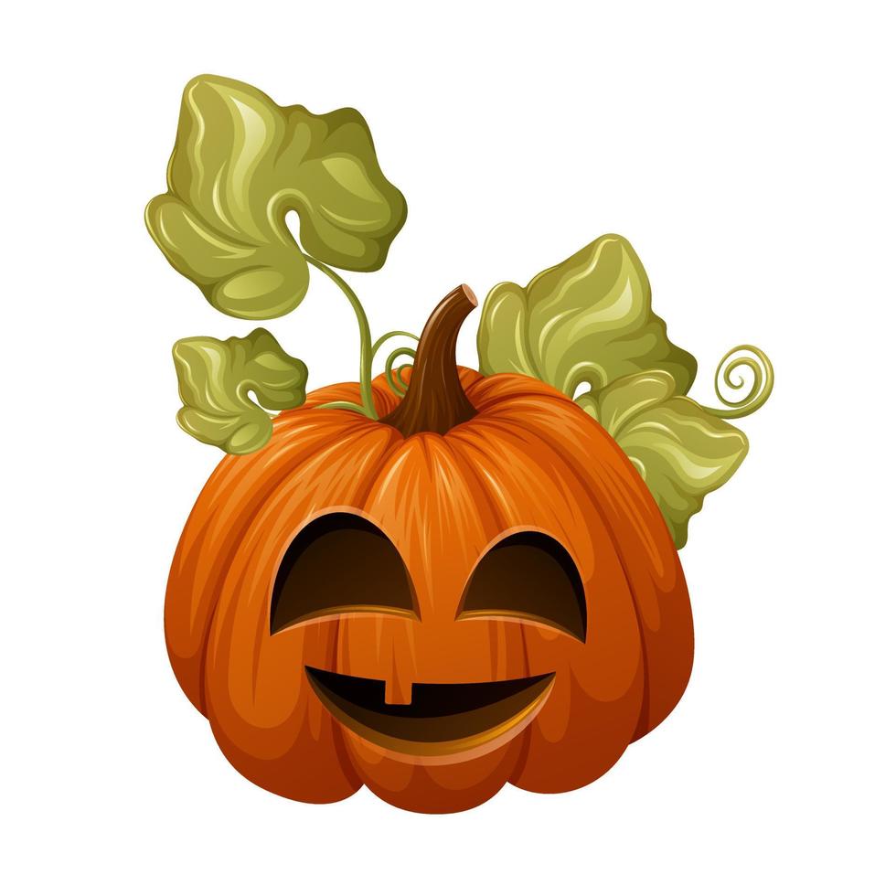 abóbora de halloween com folhas e cara engraçada. ilustração em vetor dos desenhos animados de vegetais de temporada, planta de jardim.