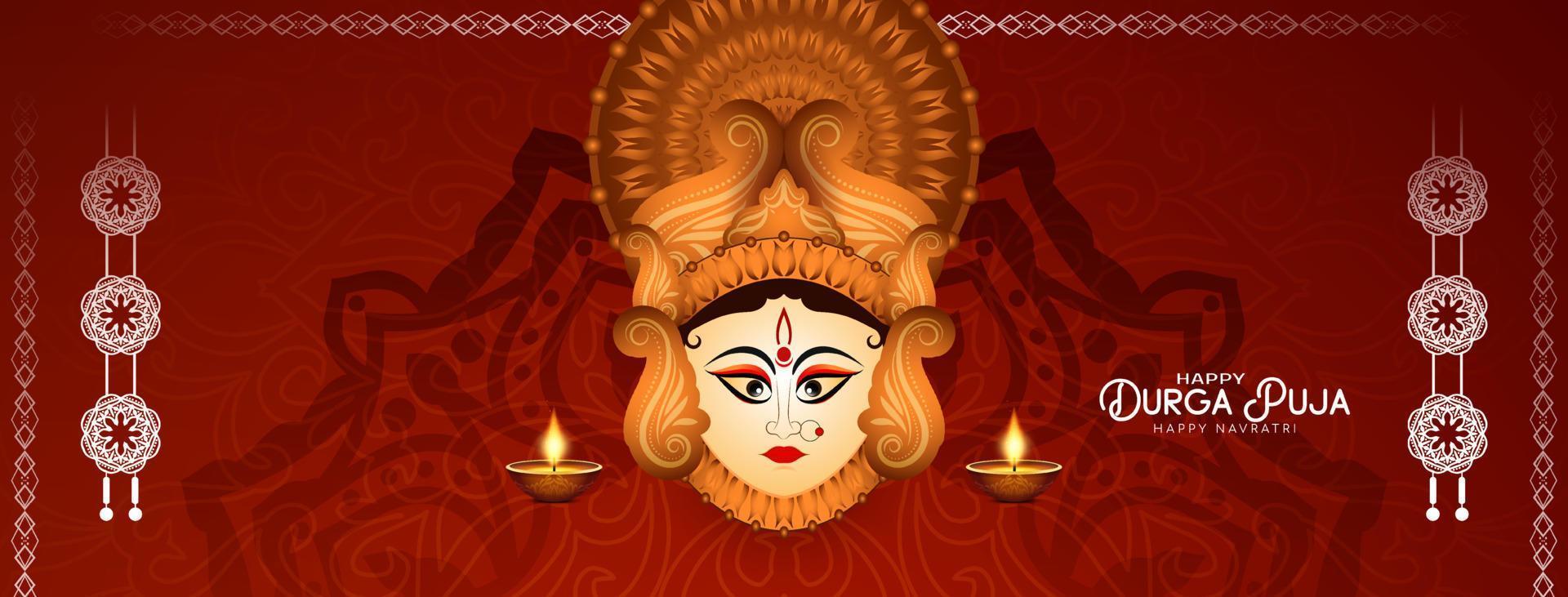 durga puja e feliz navratri hindu festival design de banner com rosto de deusa vetor