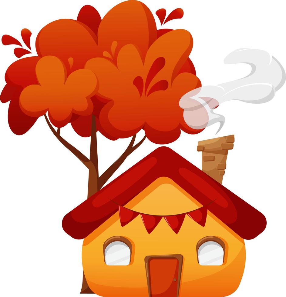 linda casa com árvore de outono, chaminé e fumaça isolada vetor