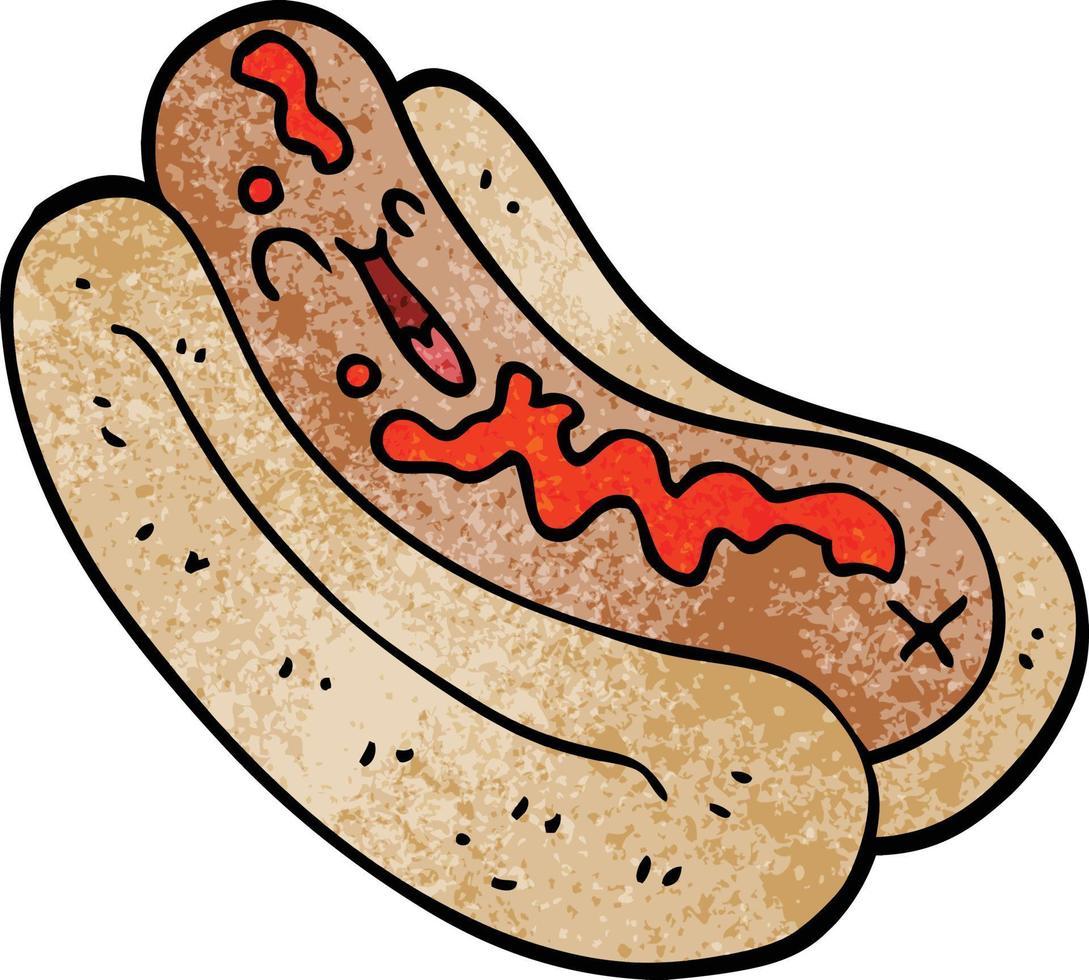 desenho animado doodle cachorro-quente no pão com ketchup vetor
