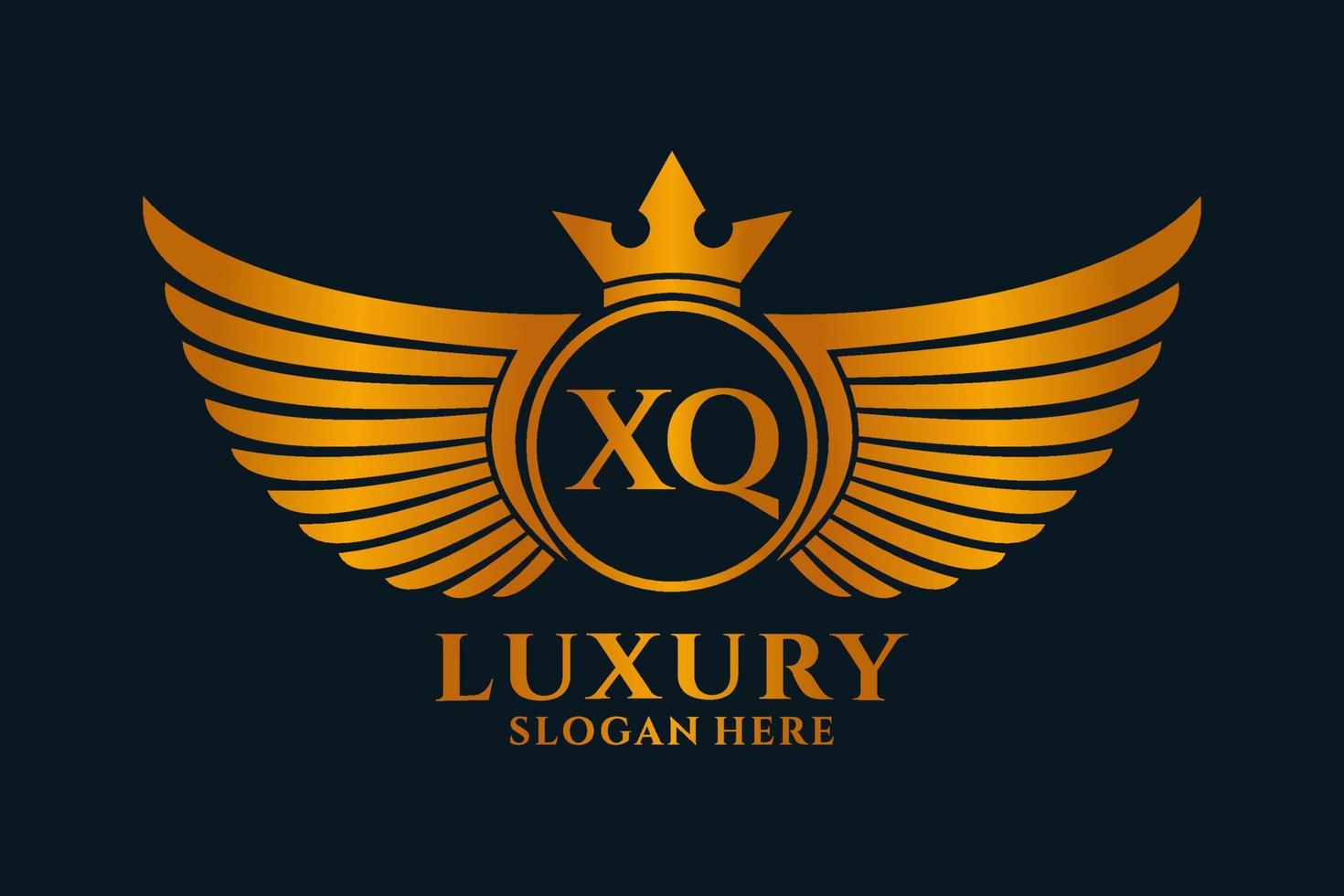 luxo royal wing letter xq crista ouro logotipo vetor, logotipo da vitória, logotipo da crista, logotipo da asa, modelo de logotipo vetorial. vetor