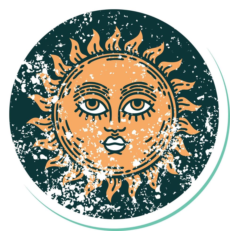imagem icônica do estilo de tatuagem de adesivo angustiado de um sol com rosto vetor