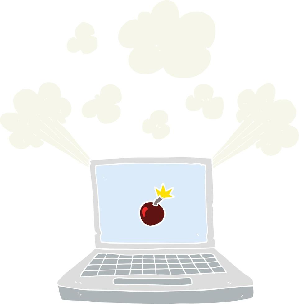 ilustração de cor plana de um computador portátil de desenho animado com símbolo de bomba vetor