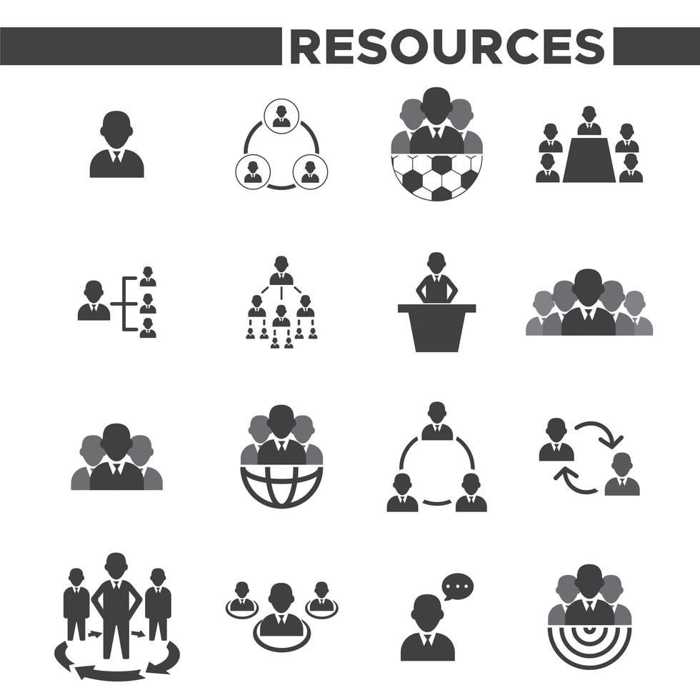 conjunto de 16 ícones de recursos humanos em preto e branco vetor