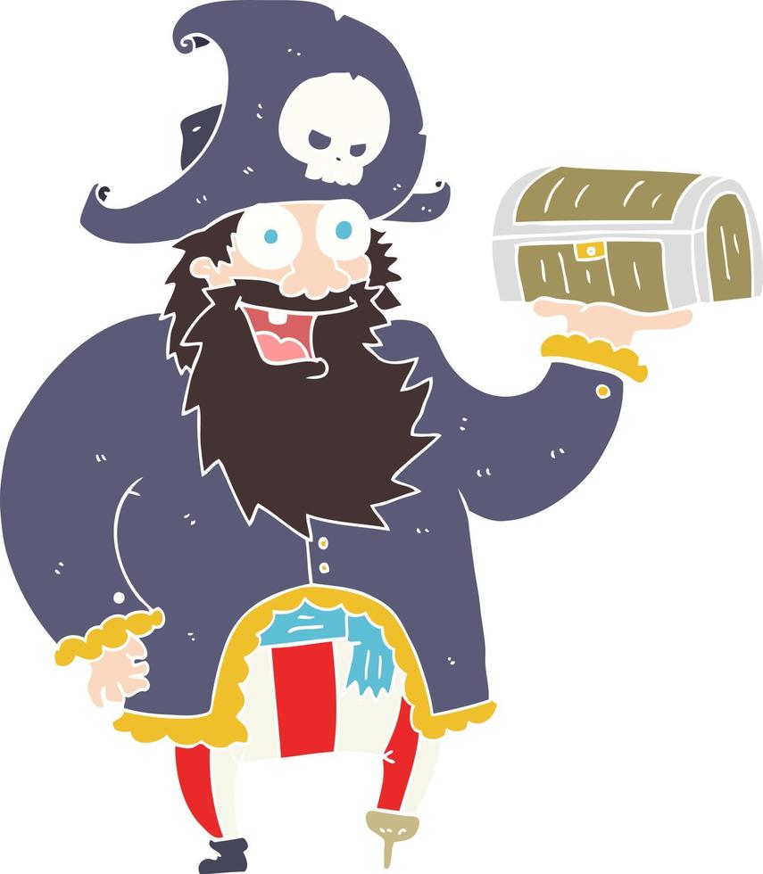 ilustração de cor lisa de um capitão pirata de desenho animado com baú de tesouro vetor