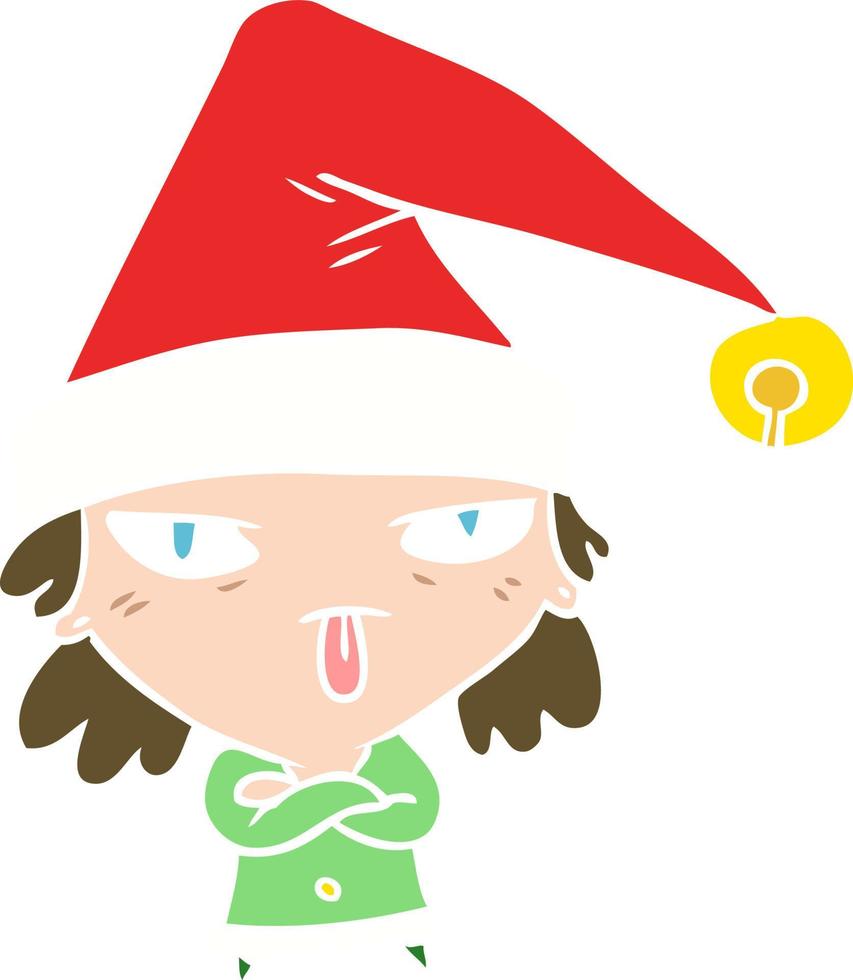garota de desenho animado de estilo de cor plana usando chapéu de natal vetor