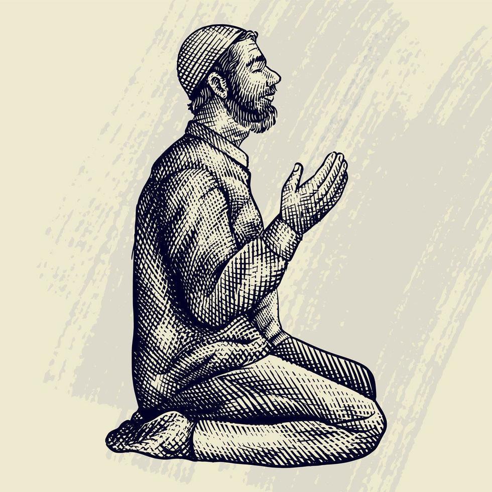 mão desenhada gravura do homem muçulmano rezando vetor