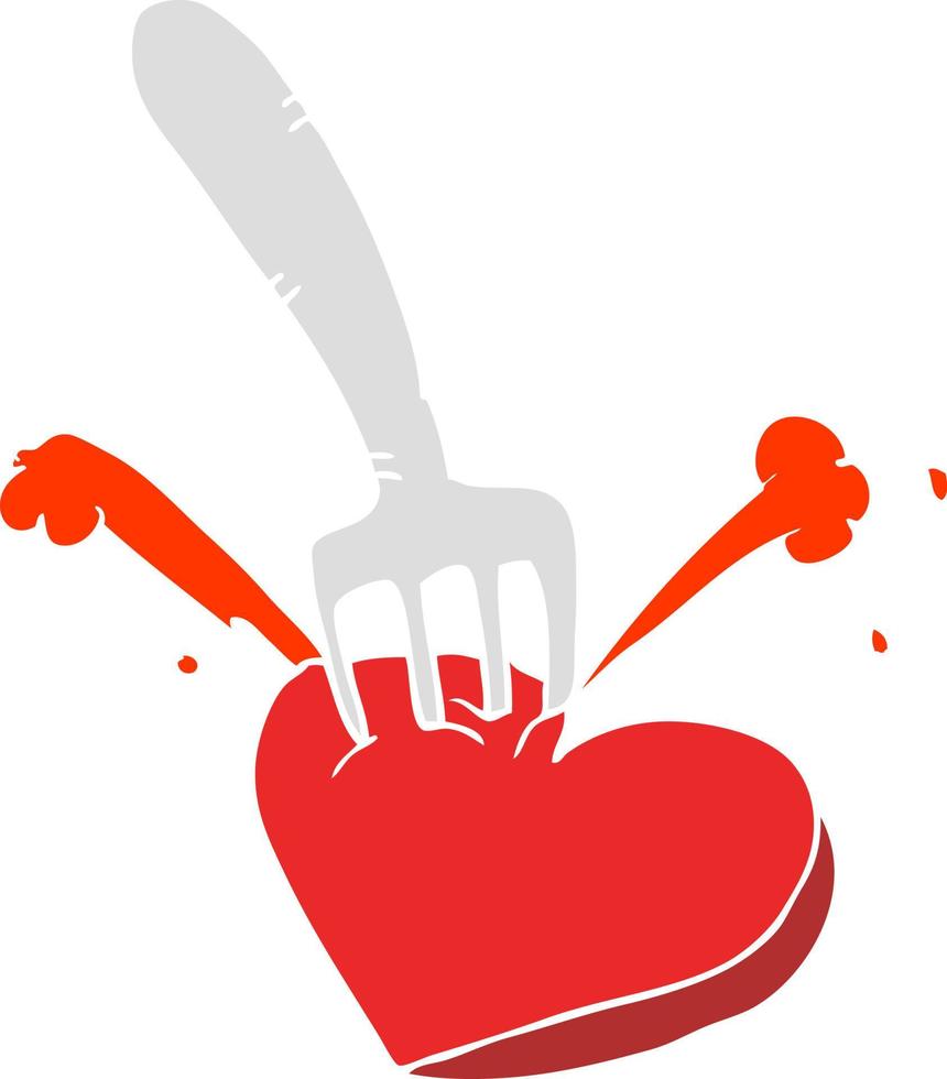 ilustração de cor plana de um coração de desenho animado esfaqueado por garfo vetor