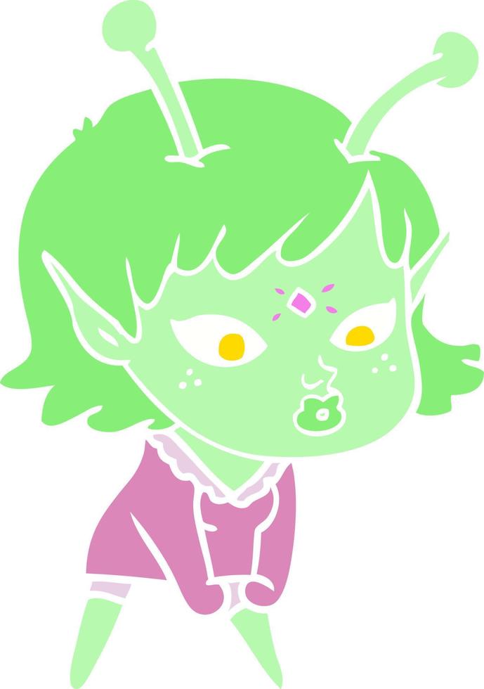 garota alienígena de desenho animado de estilo de cor muito plana vetor