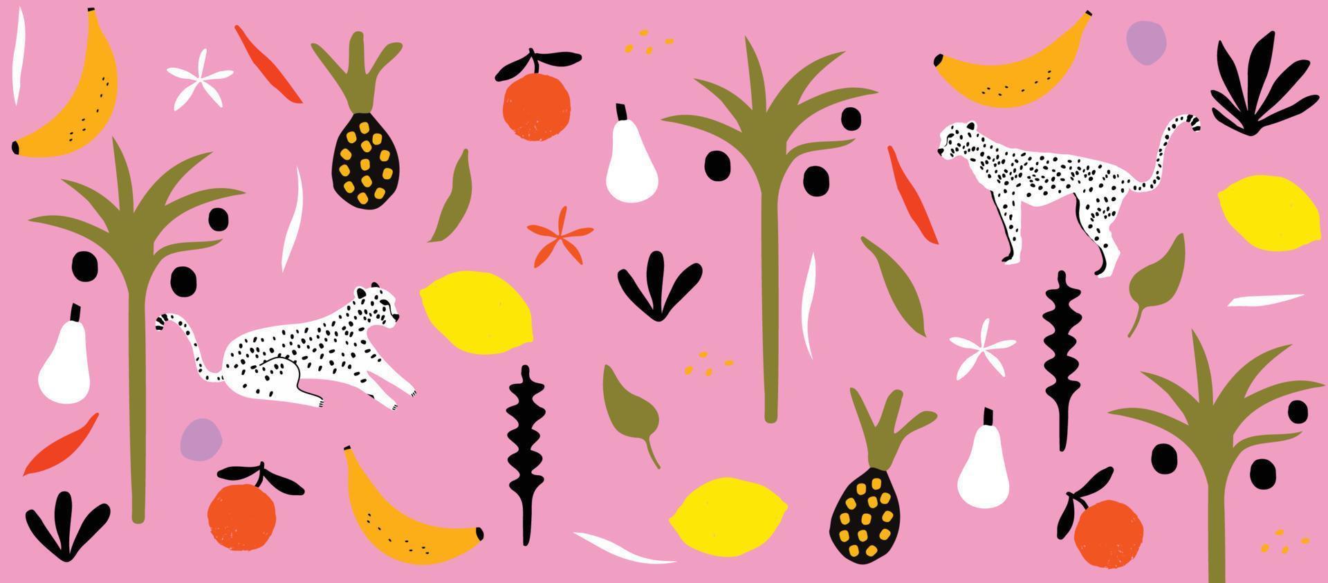 coleção de doodle de formas orgânicas coloridas. formas botânicas fofas, recortes de rabiscos infantis aleatórios de folhas tropicais, frutas e flores, ilustração vetorial de arte abstrata decorativa vetor