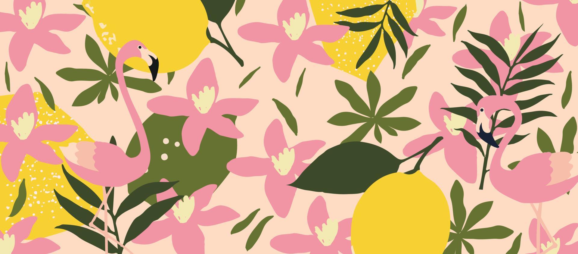 flores de jardim bonito e folhas com padrão colorido de flamingos. pássaros de flamingo com design de ilustração vetorial de elementos botânicos para moda, tecido, papel de parede, cartões, estampas vetor