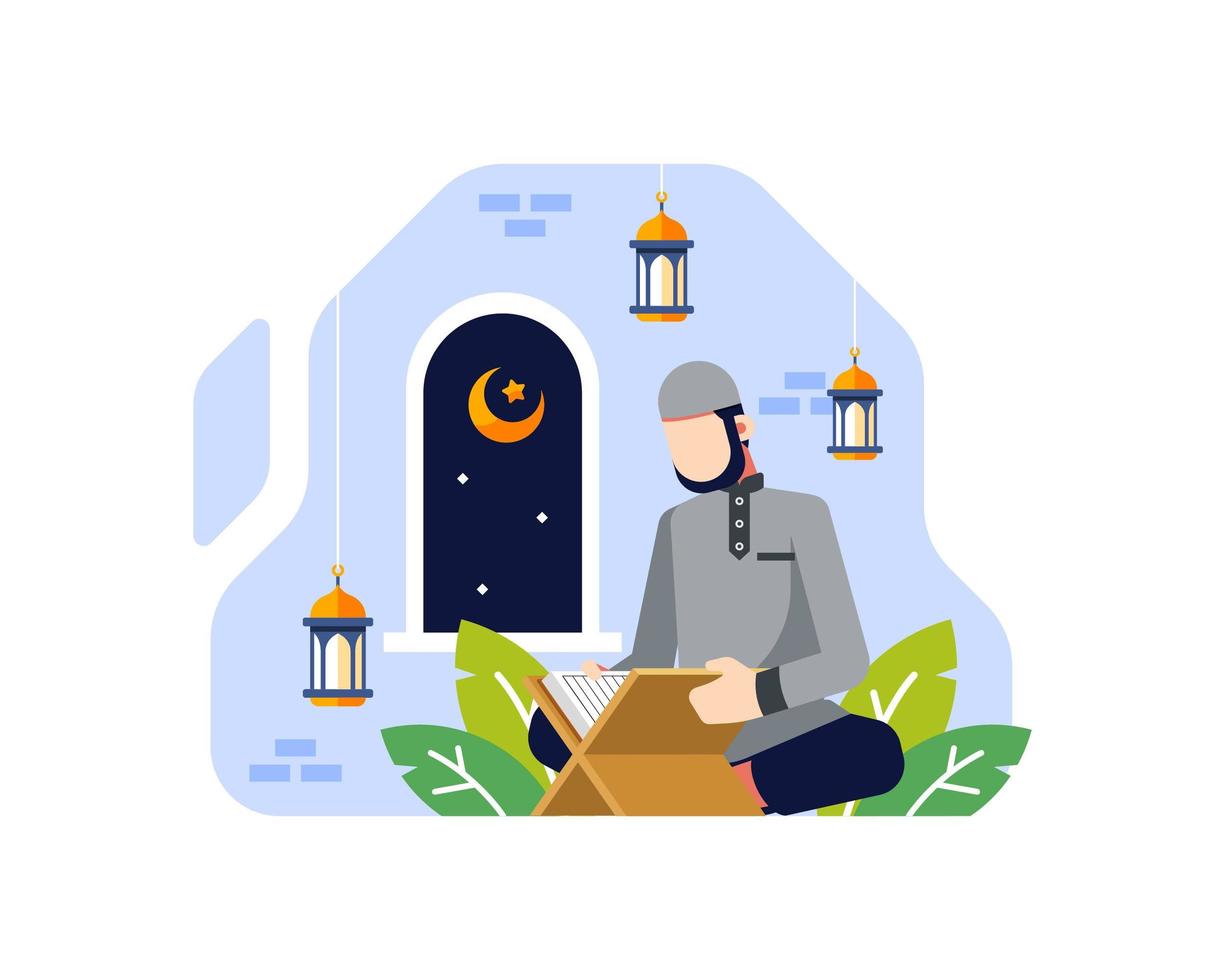 fundo do Ramadã com um homem muçulmano lendo o Alcorão vetor