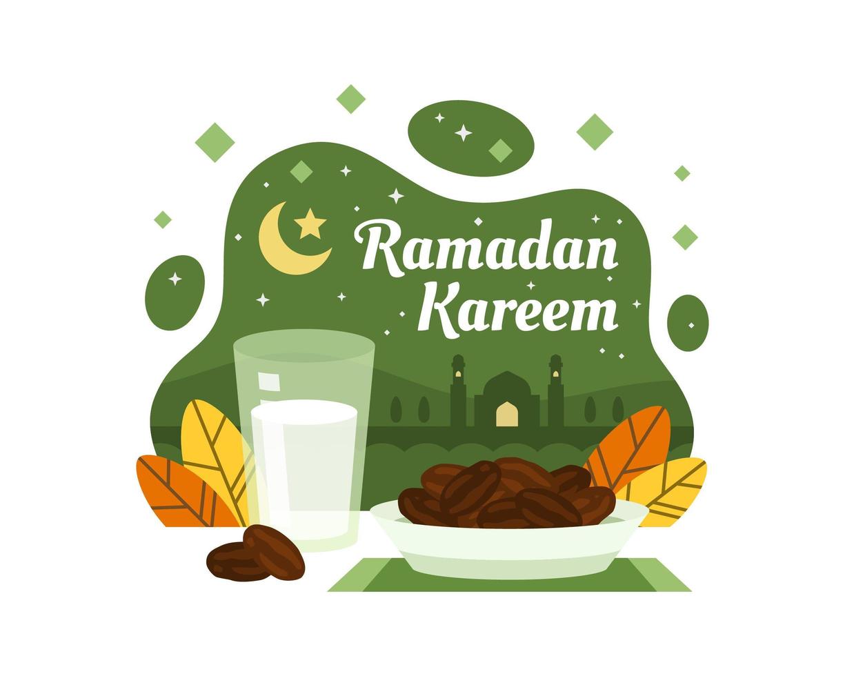 fundo de ramadan kareem com datas e leite vetor