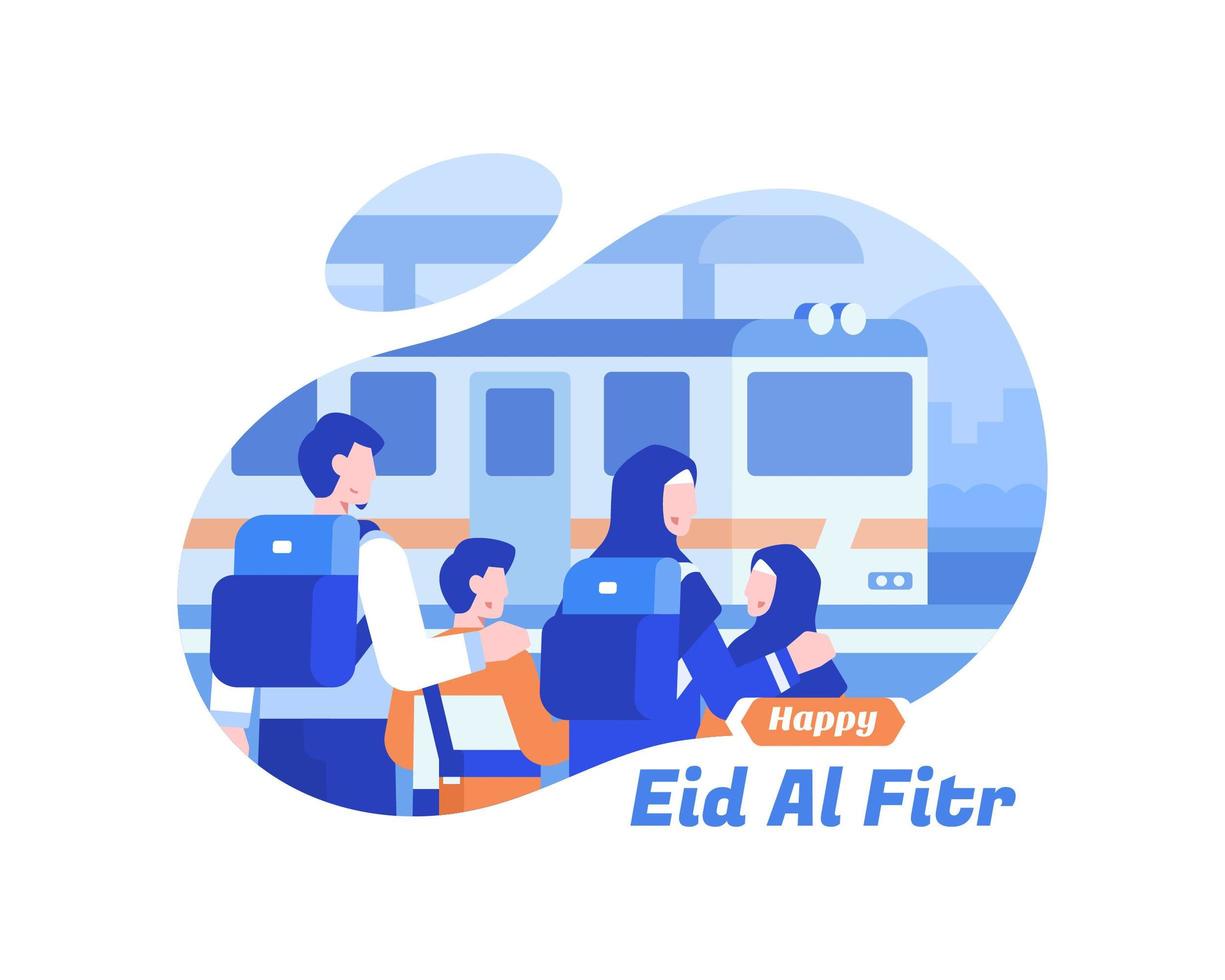 feliz eid al fitr fundo com a família muçulmana na estação de trem vetor