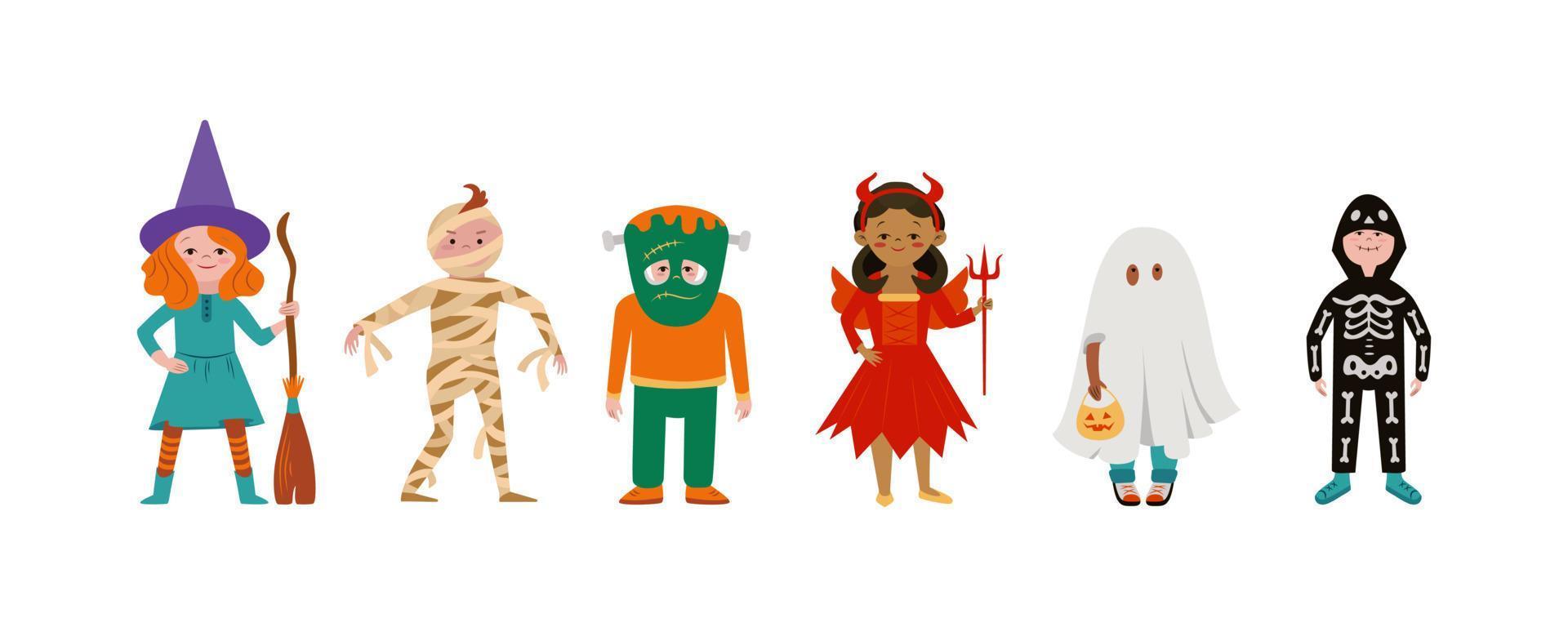 crianças em trajes de halloween. conjunto de crianças de carnaval engraçado e fofo. ilustração vetorial isolada no fundo branco vetor