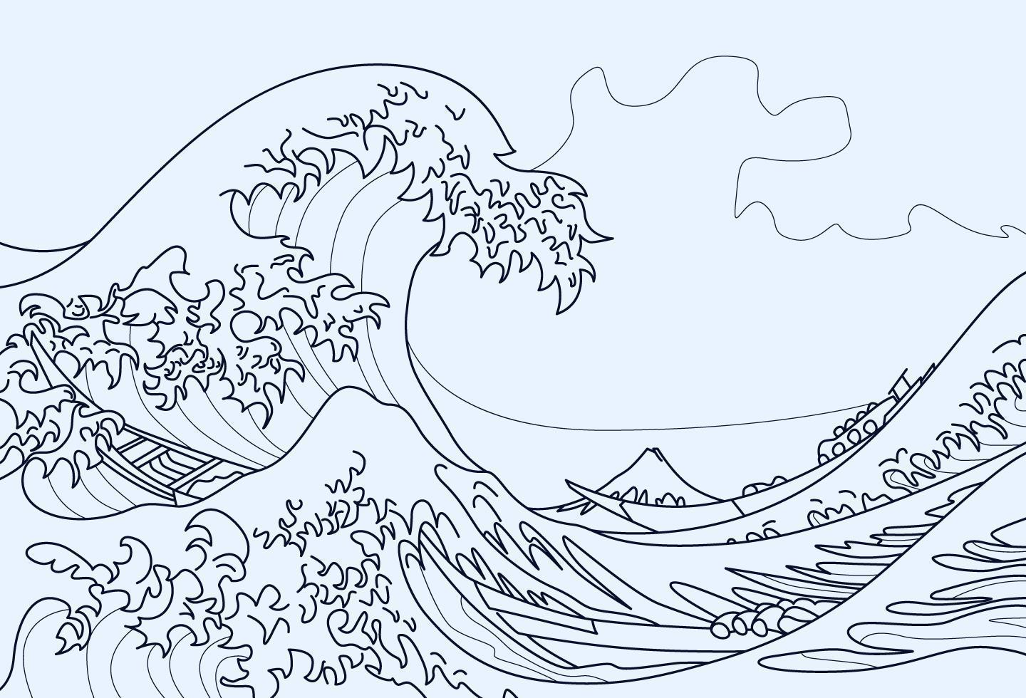 desenho de a grande onda de kanagawa para colorir vetor