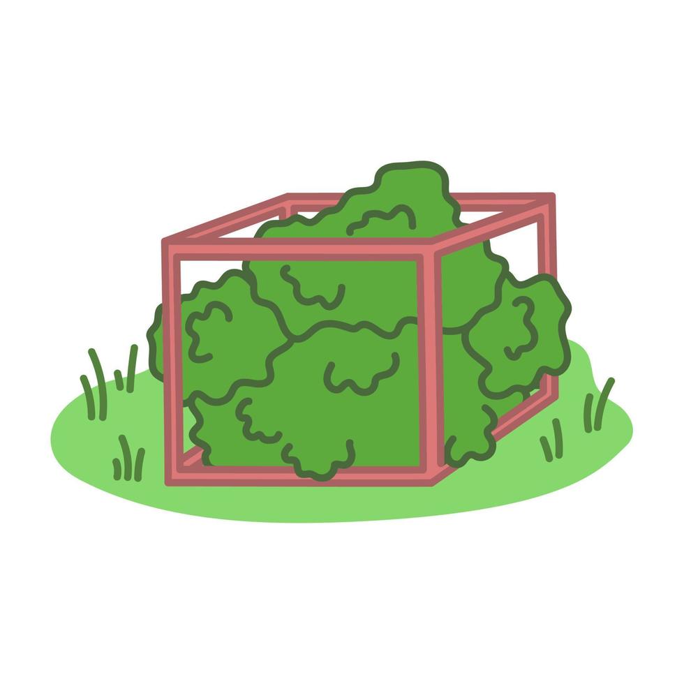 arbusto verde em cubo decorativo. planta de jardim no gramado para decoração. ilustração desenhada à mão em estilo cartoon. vetor isolado no fundo branco.