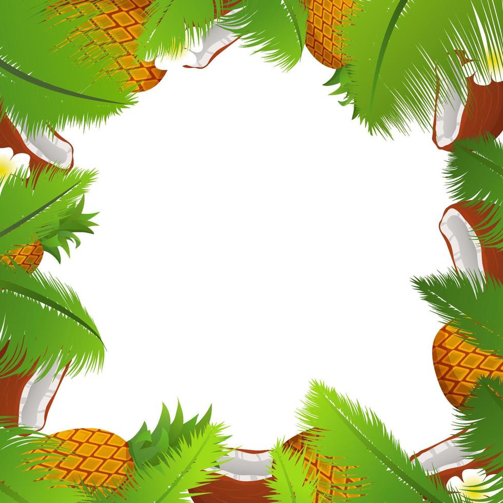 modelo tropical de um quadro para um banner com folhas de palmeira e coco, abacaxis e flores .poster frutas e nut.coconuts borda frame flower.space para texto. vetor
