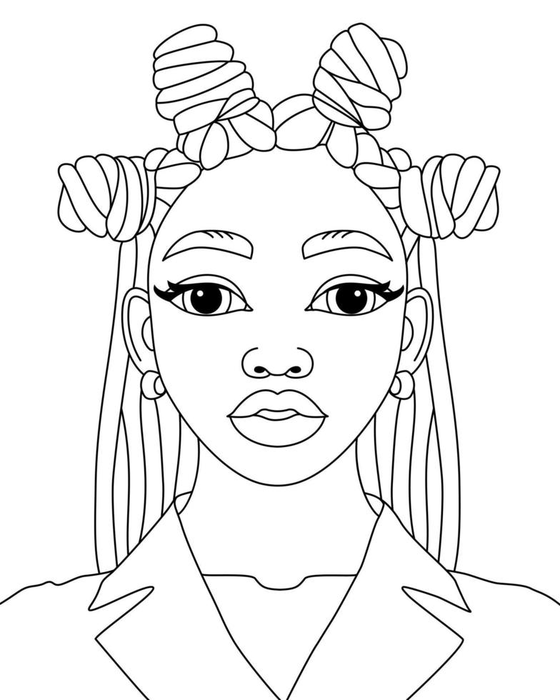 mulher negra africana, nós bantu, penteado moderno, menina afro, vetor de penteado, ilustração de contorno de página para colorir