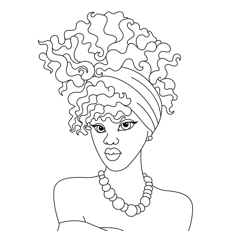 linda mulher afro-americana turbante lenço de cabeça menina afro vetor de penteado ilustração de contorno de página para colorir