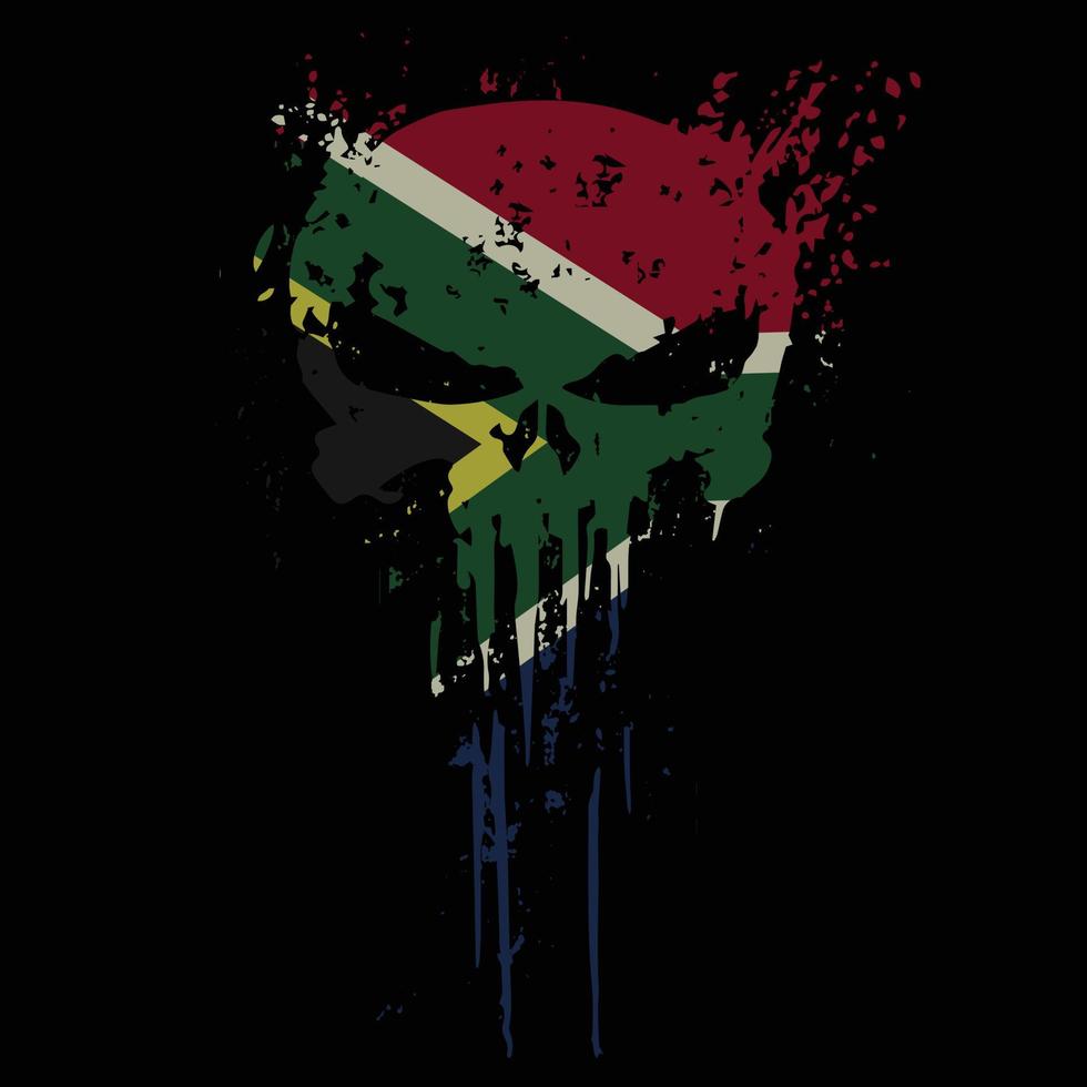 cabeça de caveira bandeira da áfrica do sul com textura grunge - design de camiseta vetorial vetor