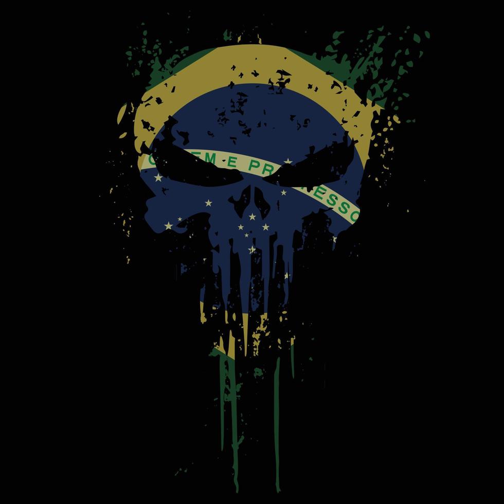 bandeira do brasil cabeça de caveira com textura grunge - design de camiseta vetorial vetor