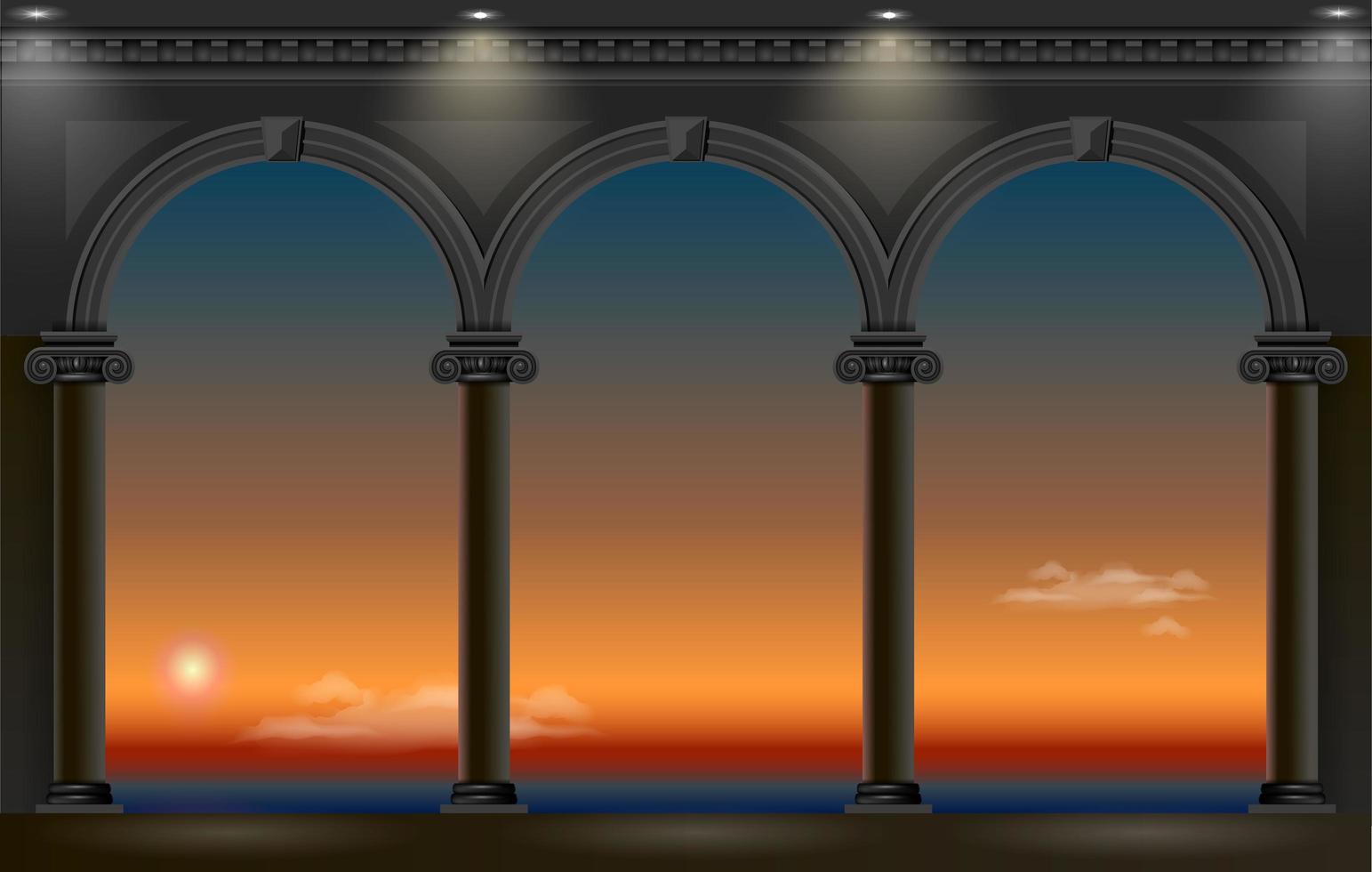 arcos de um palácio com vista para o pôr do sol à noite vetor