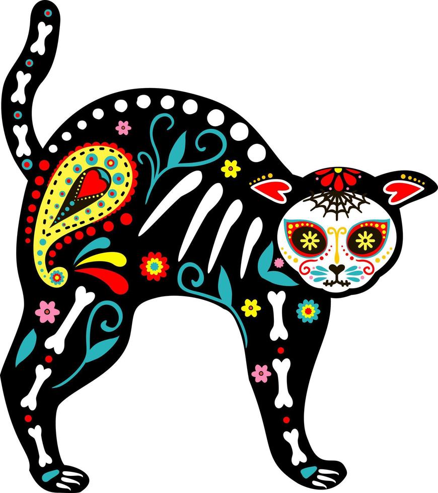 dia dos mortos, dia de los muertos, crânio de animal e esqueleto decorado com flores e elementos mexicanos coloridos. festa, dia das bruxas, cartaz de férias, festa vetor