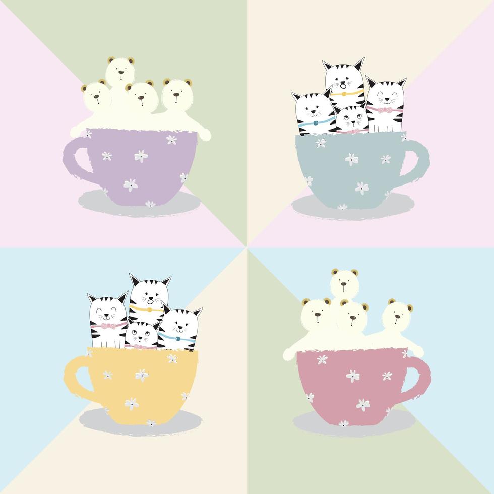 gatos bonitos dos desenhos animados e ursos na xícara de café vetor