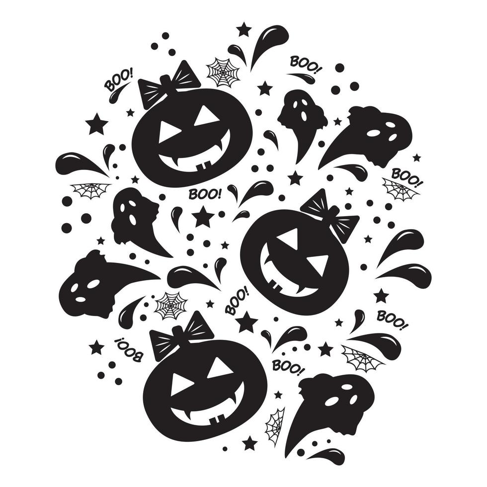 abóboras de halloween com texto e símbolos de teias de aranha e morcegos. vetor preto impresso símbolos de halloween isolados em um campo branco.